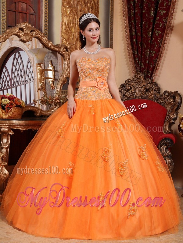 Luxury Lace Appliques and Handmade Flower Quinceanera Dress in Orange