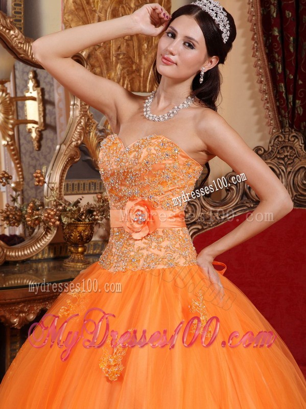 Luxury Lace Appliques and Handmade Flower Quinceanera Dress in Orange