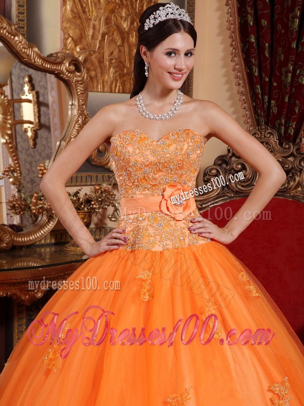 Luxury Lace Appliques and Handmade Flower Quinceanera Dress in Orange
