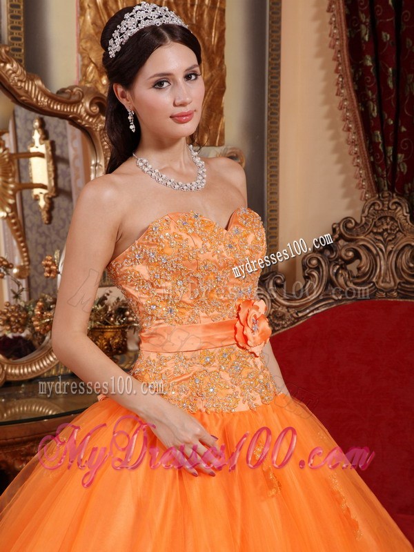 Luxury Lace Appliques and Handmade Flower Quinceanera Dress in Orange