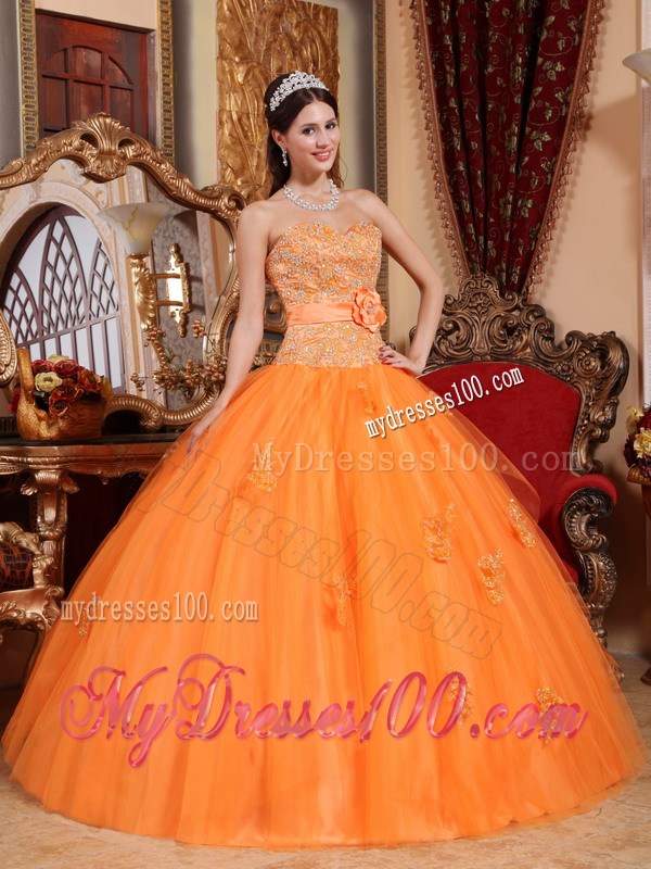 Luxury Lace Appliques and Handmade Flower Quinceanera Dress in Orange