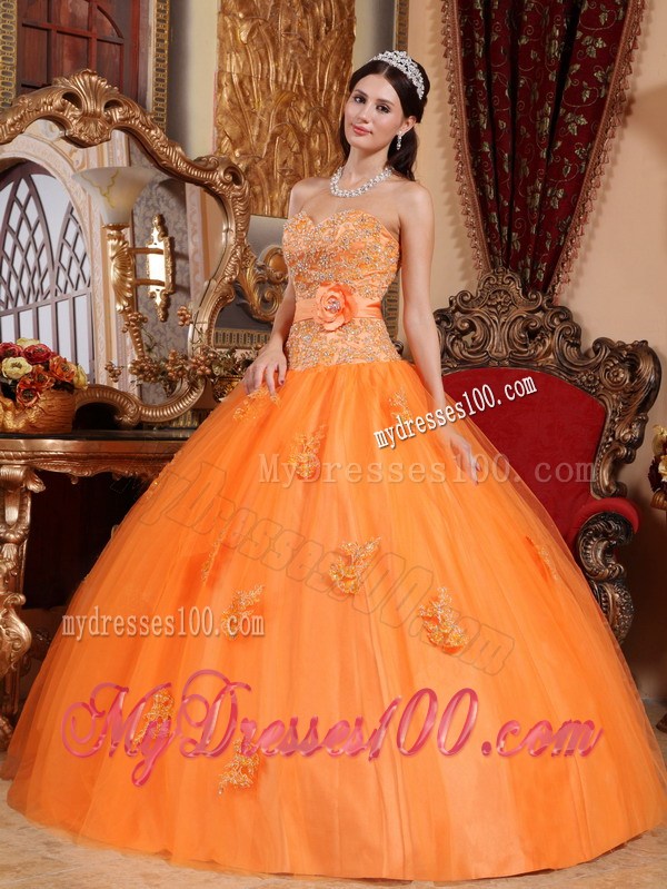 Luxury Lace Appliques and Handmade Flower Quinceanera Dress in Orange
