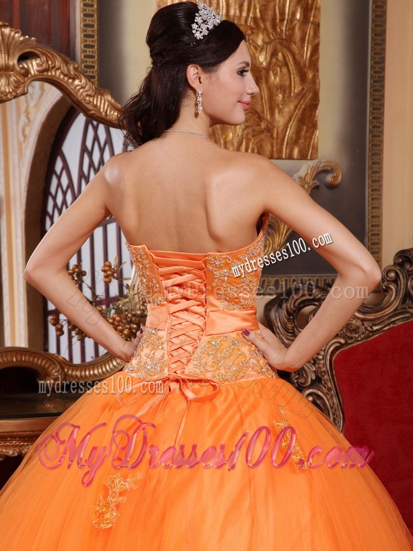 Luxury Lace Appliques and Handmade Flower Quinceanera Dress in Orange
