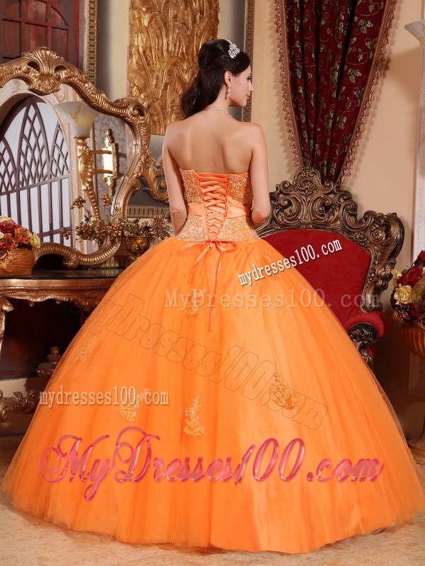 Luxury Lace Appliques and Handmade Flower Quinceanera Dress in Orange