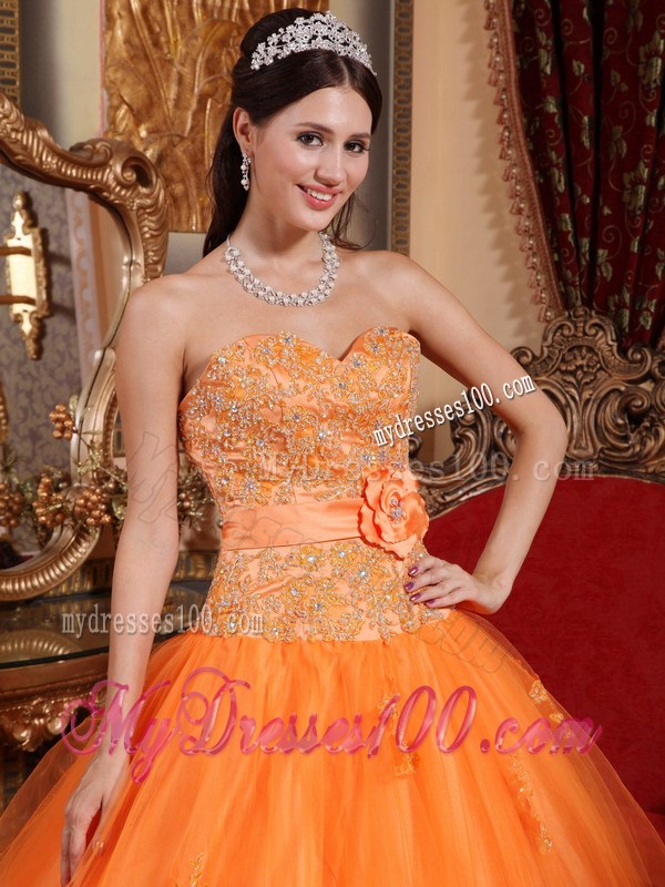 Luxury Lace Appliques and Handmade Flower Quinceanera Dress in Orange