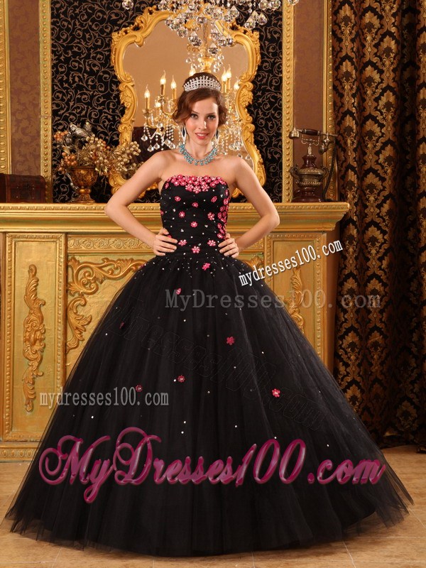 Popular Ball Gown Strapless Floor-length Tulle Appliques Black Quinceanera Dress