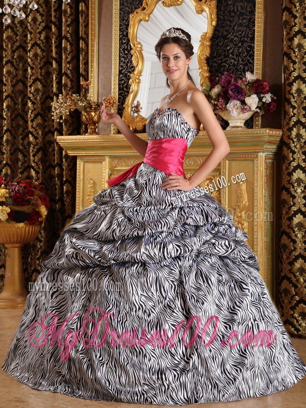 White and Black Zebra Print Pick-ups Sweet 15 Dresses with Hot Pink Ribbon