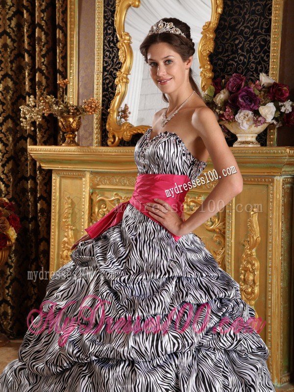 White and Black Zebra Print Pick-ups Sweet 15 Dresses with Hot Pink Ribbon