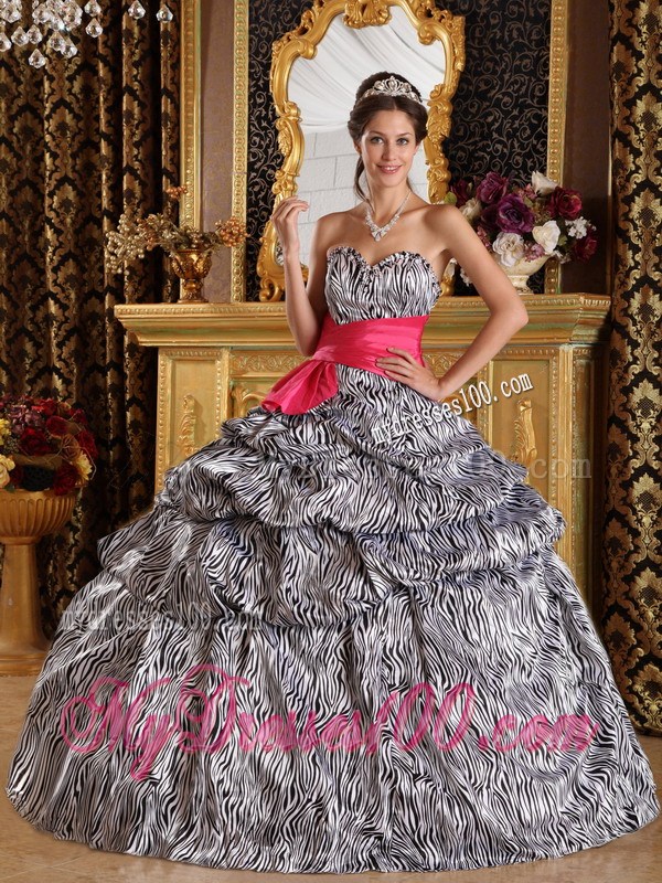 White and Black Zebra Print Pick-ups Sweet 15 Dresses with Hot Pink Ribbon