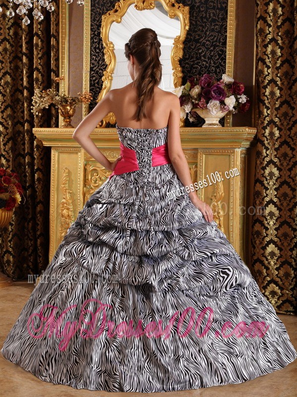 White and Black Zebra Print Pick-ups Sweet 15 Dresses with Hot Pink Ribbon