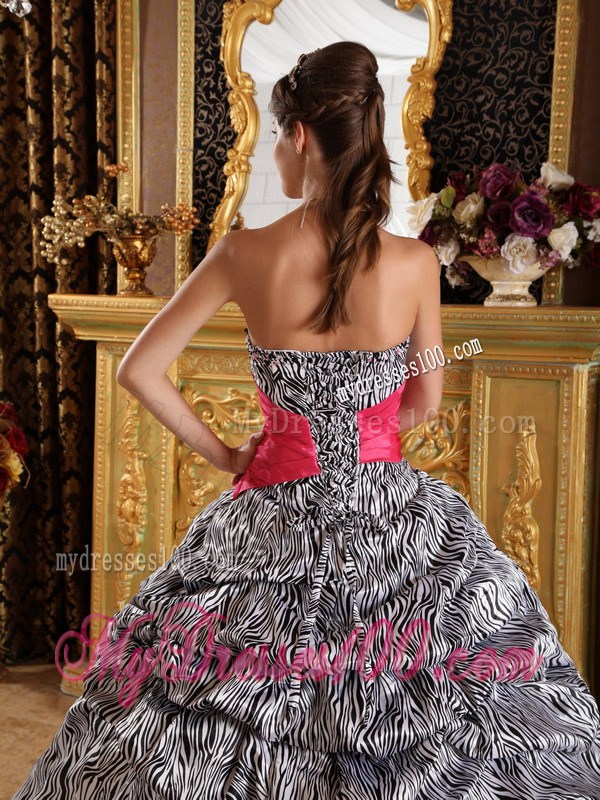 White and Black Zebra Print Pick-ups Sweet 15 Dresses with Hot Pink Ribbon