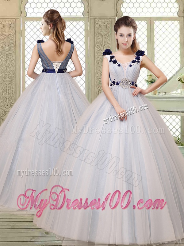 Pretty Champagne Straps Quinceanera Gowns with Belt and Appliques