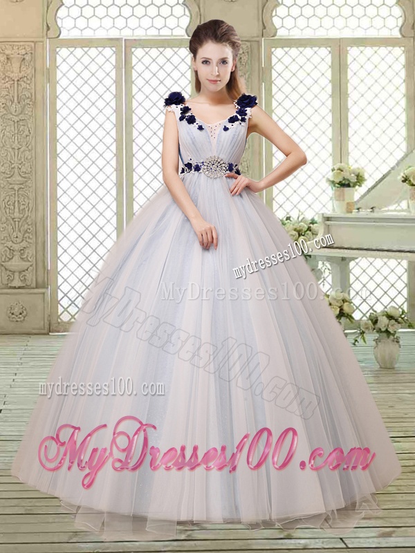 Pretty Champagne Straps Quinceanera Gowns with Belt and Appliques