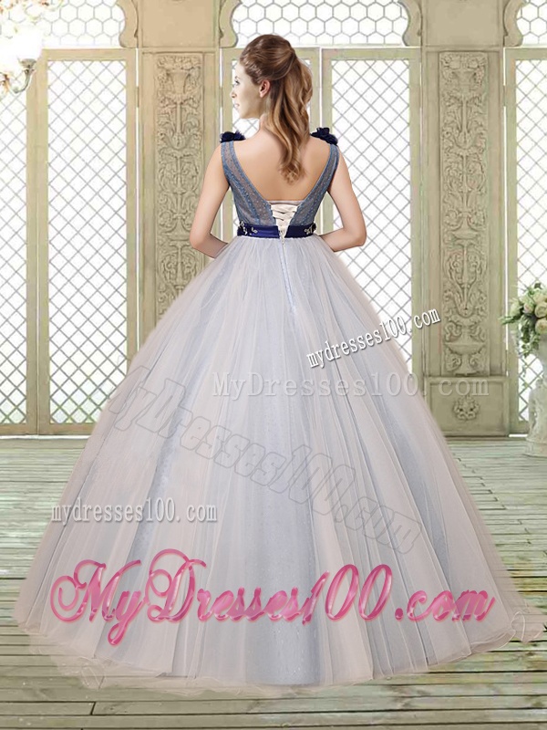 Pretty Champagne Straps Quinceanera Gowns with Belt and Appliques