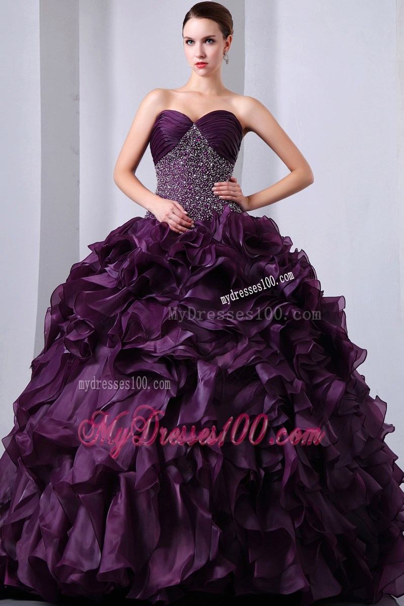 Charming Purple Rolling Flowers Beaded Ruche Sweet 15 16 Party Dresses