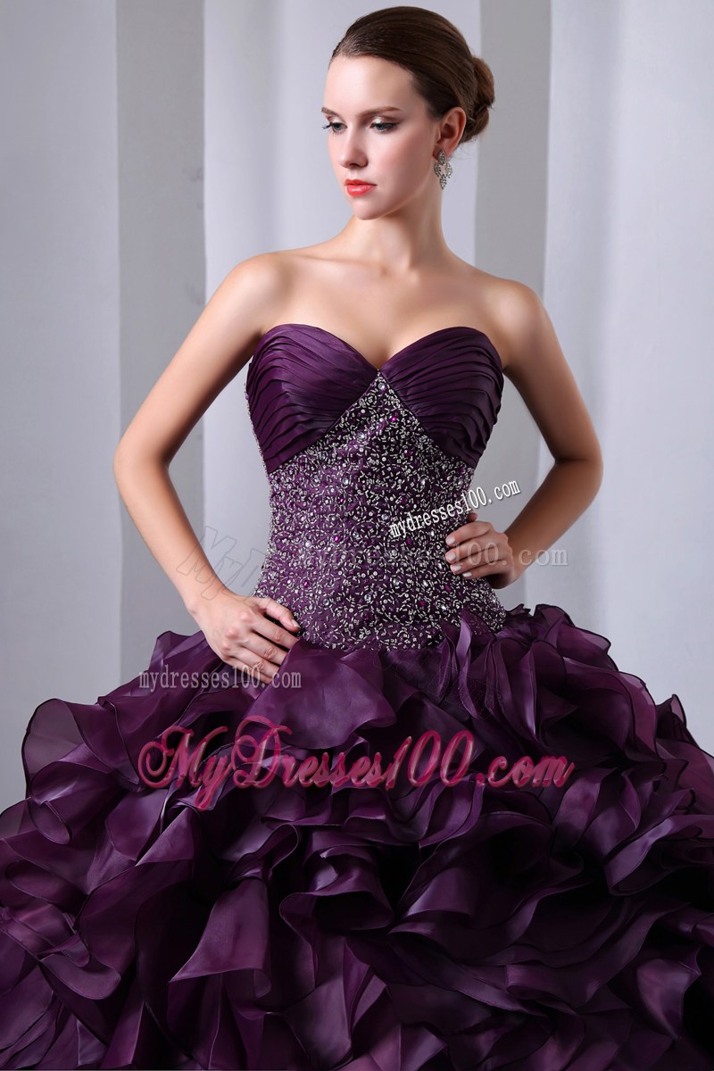 Charming Purple Rolling Flowers Beaded Ruche Sweet 15 16 Party Dresses