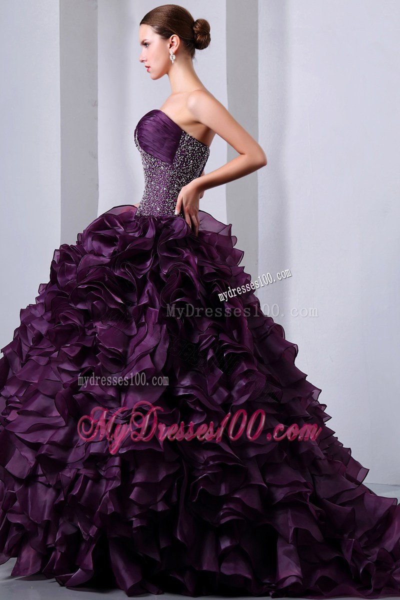Charming Purple Rolling Flowers Beaded Ruche Sweet 15 16 Party Dresses