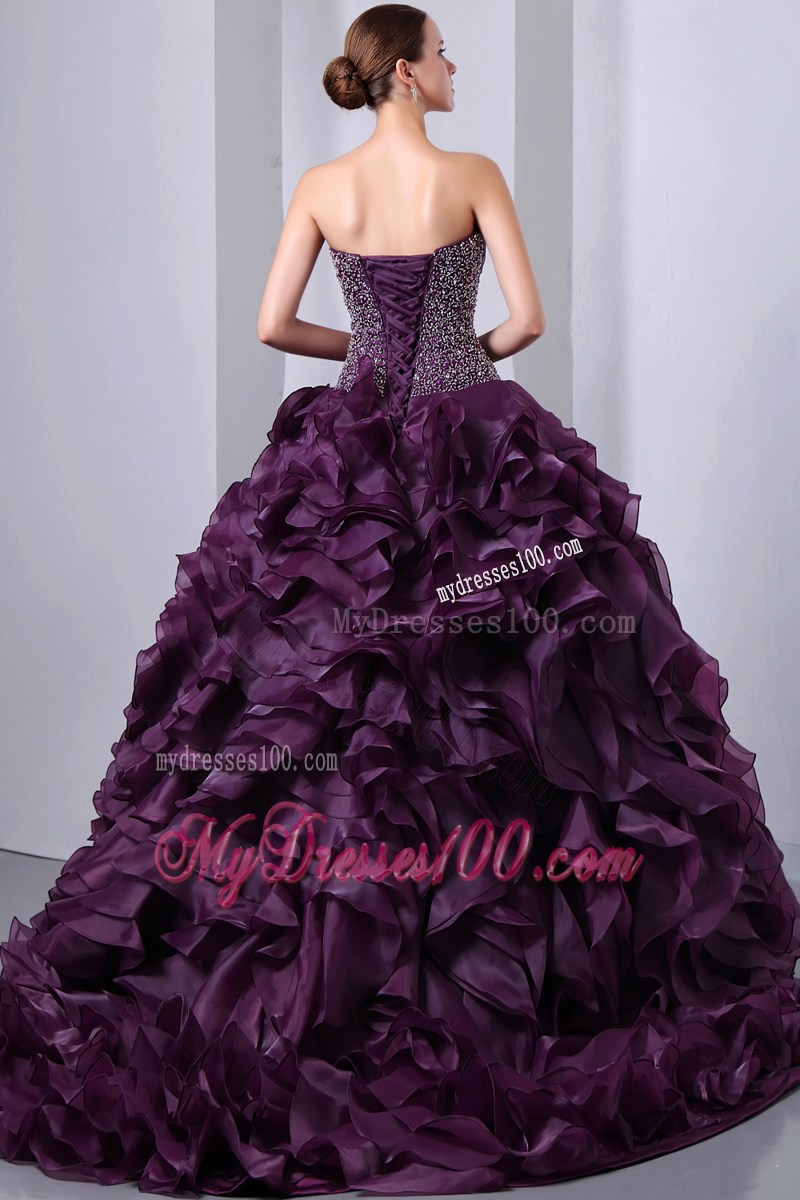 Charming Purple Rolling Flowers Beaded Ruche Sweet 15 16 Party Dresses