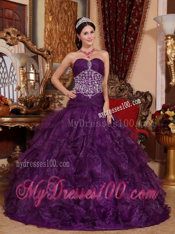 Sweetheart Organza Long Purple Beaded Sweet Sixteen Dresses