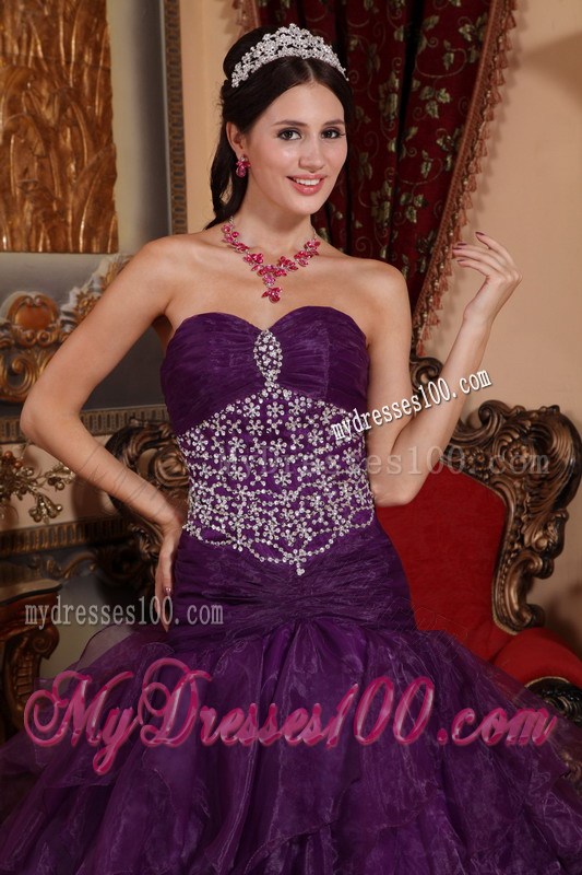 Sweetheart Organza Long Purple Beaded Sweet Sixteen Dresses