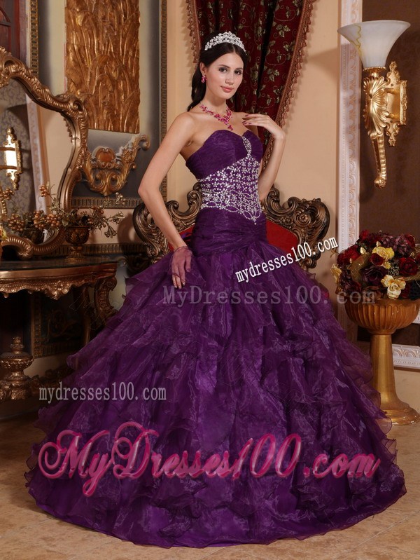 Sweetheart Organza Long Purple Beaded Sweet Sixteen Dresses