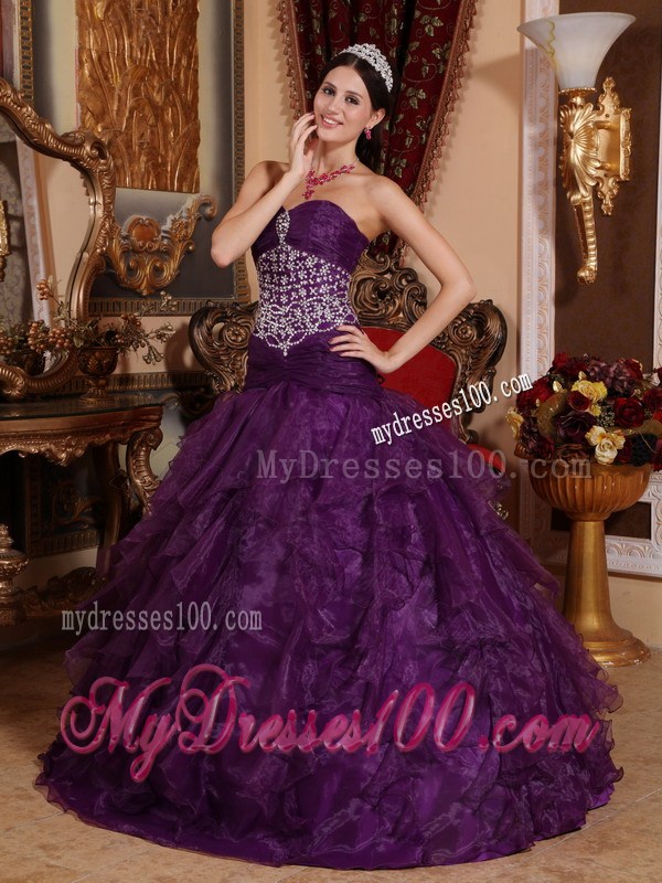 Sweetheart Organza Long Purple Beaded Sweet Sixteen Dresses
