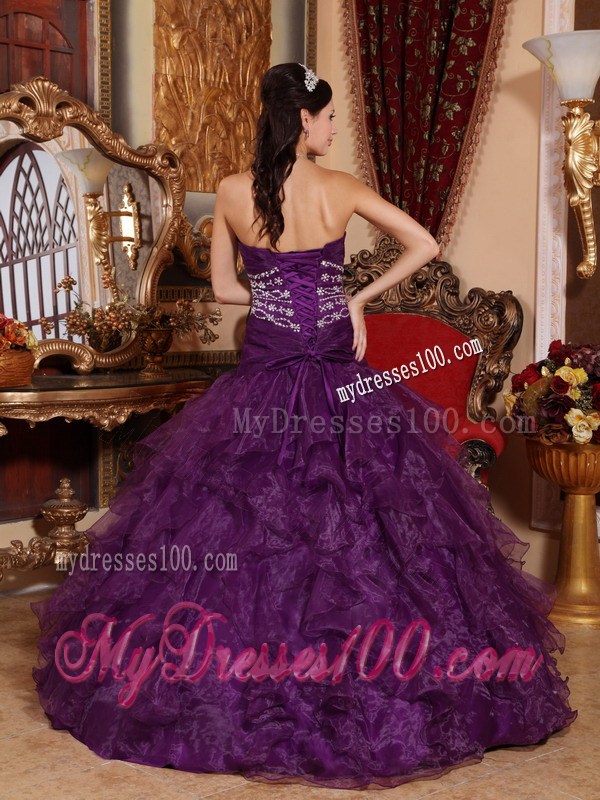 Sweetheart Organza Long Purple Beaded Sweet Sixteen Dresses