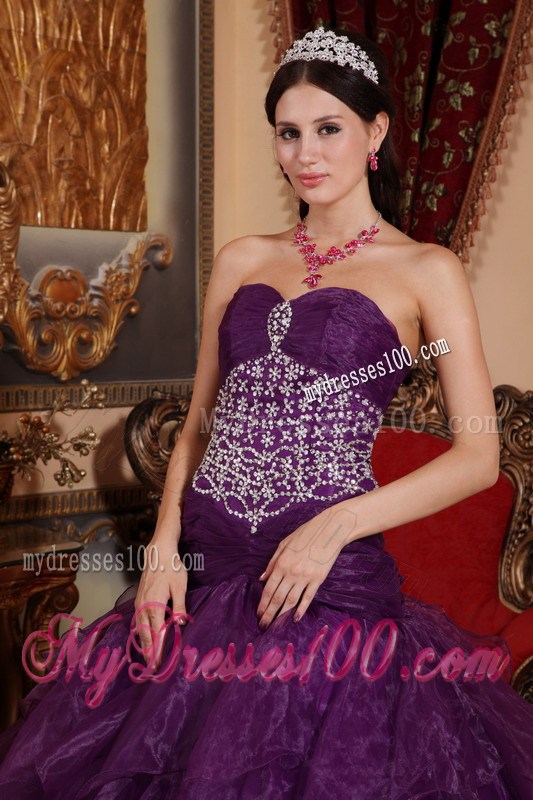 Sweetheart Organza Long Purple Beaded Sweet Sixteen Dresses