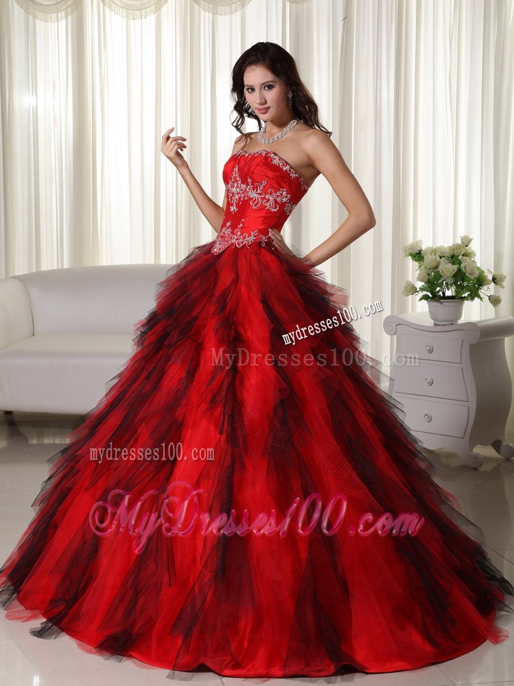 Ombre Red Color Pleated Appliques Floor Length Quinceanera Gowns