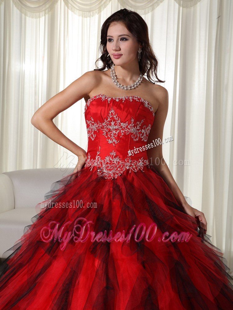 Ombre Red Color Pleated Appliques Floor Length Quinceanera Gowns