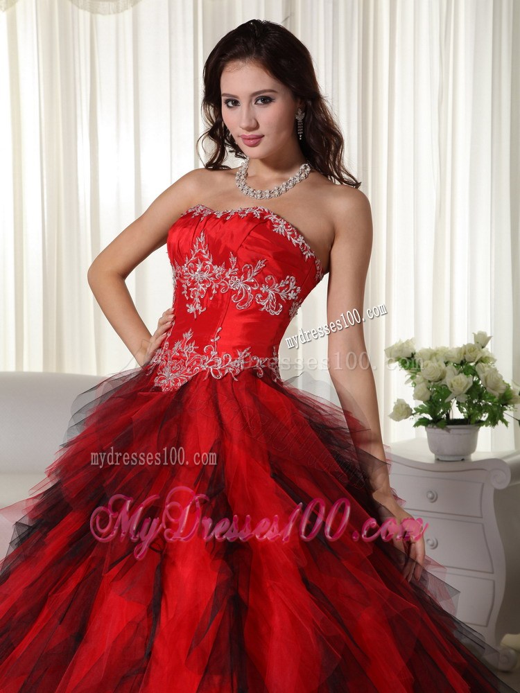 Ombre Red Color Pleated Appliques Floor Length Quinceanera Gowns
