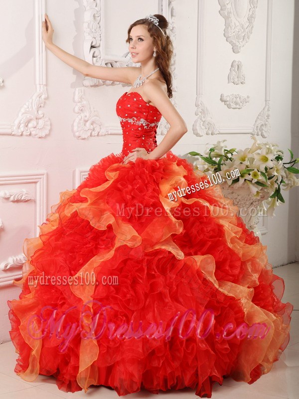 Fashion Beaded Ruffles Quinceanera Gowns in Red Floor Length