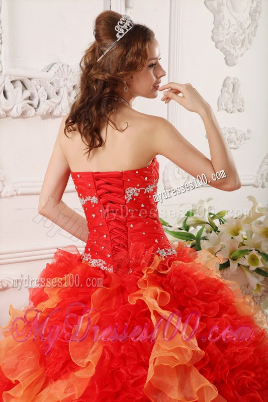 Fashion Beaded Ruffles Quinceanera Gowns in Red Floor Length