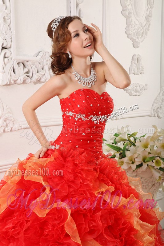 Fashion Beaded Ruffles Quinceanera Gowns in Red Floor Length