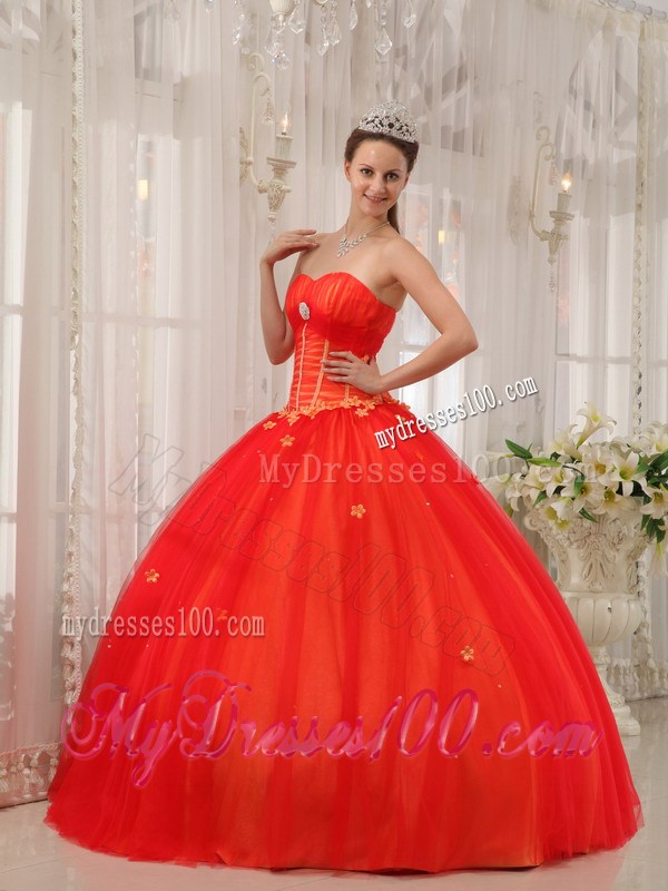 Coral Red Floral Appliques Lace-up Back Quicneanera Dresses
