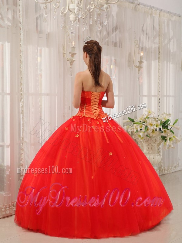 Coral Red Floral Appliques Lace-up Back Quicneanera Dresses