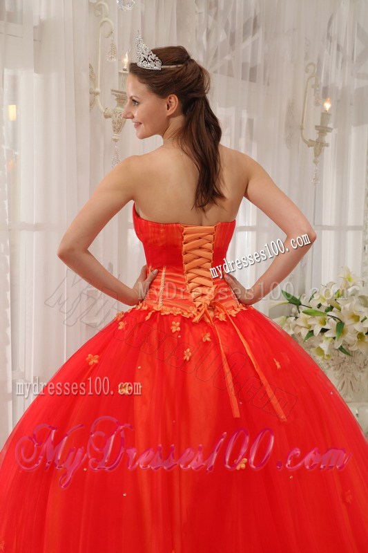 Coral Red Floral Appliques Lace-up Back Quicneanera Dresses