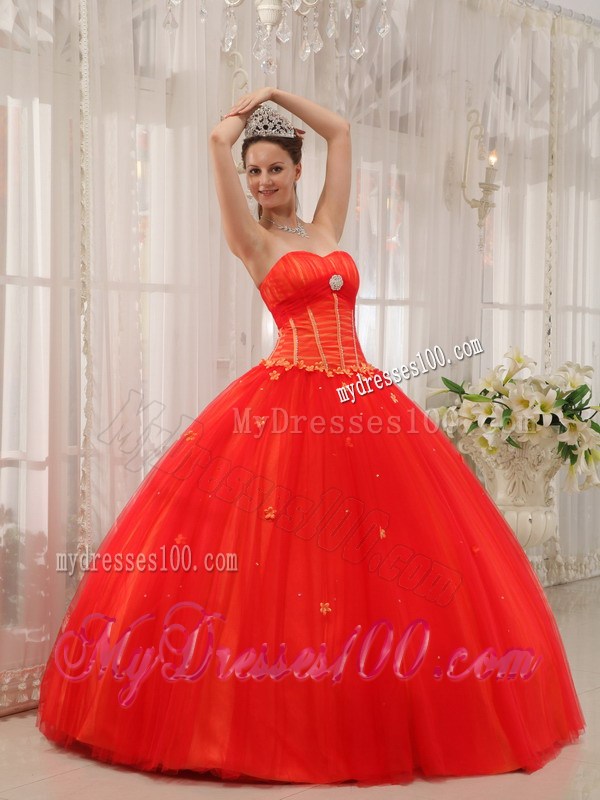 Coral Red Floral Appliques Lace-up Back Quicneanera Dresses