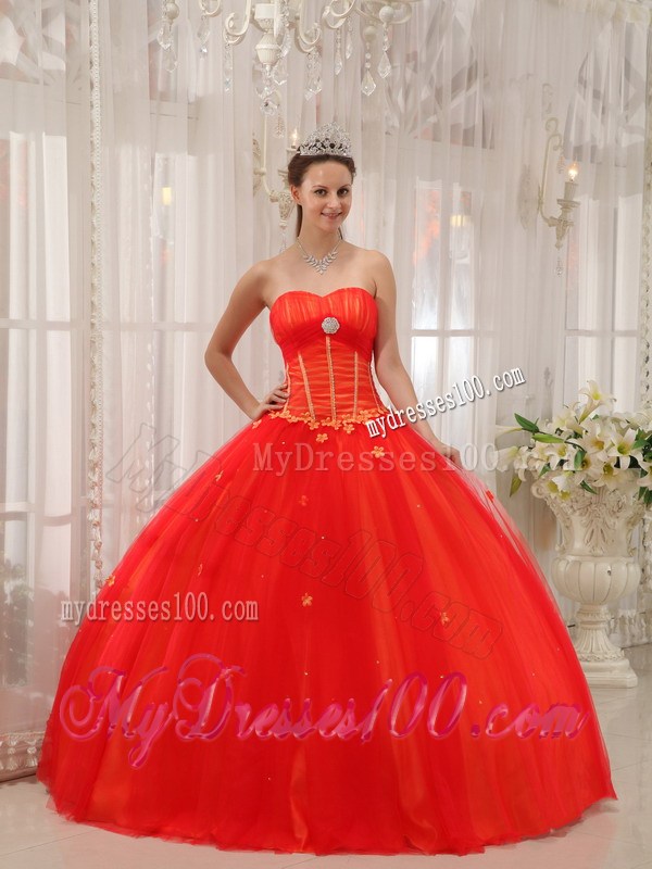 Coral Red Floral Appliques Lace-up Back Quicneanera Dresses