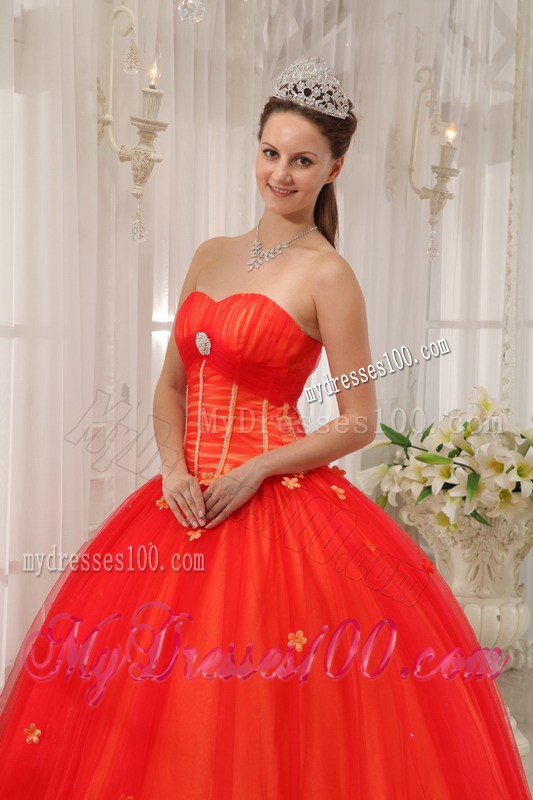 Coral Red Floral Appliques Lace-up Back Quicneanera Dresses