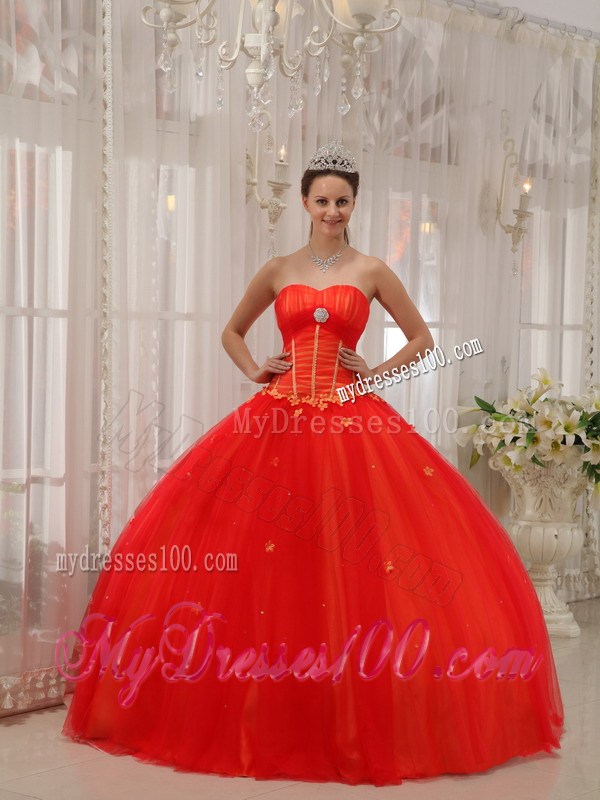 Coral Red Floral Appliques Lace-up Back Quicneanera Dresses