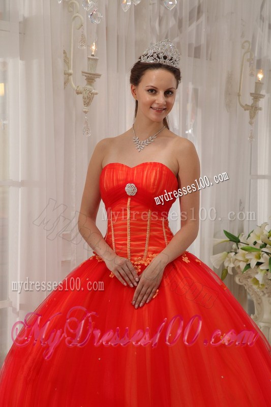 Coral Red Floral Appliques Lace-up Back Quicneanera Dresses
