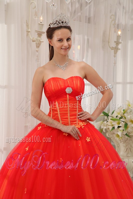 Coral Red Floral Appliques Lace-up Back Quicneanera Dresses