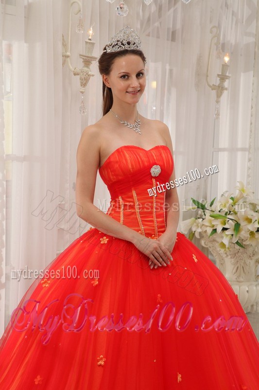 Coral Red Floral Appliques Lace-up Back Quicneanera Dresses