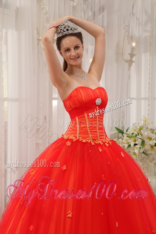 Coral Red Floral Appliques Lace-up Back Quicneanera Dresses