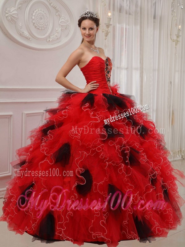 Special Ruffles Beaded Red Quinceanera Gowns with Black Polka Dot