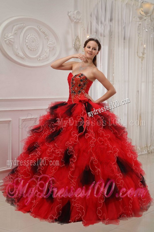 Special Ruffles Beaded Red Quinceanera Gowns with Black Polka Dot