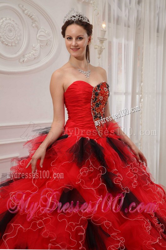 Special Ruffles Beaded Red Quinceanera Gowns with Black Polka Dot