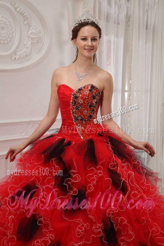 Special Ruffles Beaded Red Quinceanera Gowns with Black Polka Dot