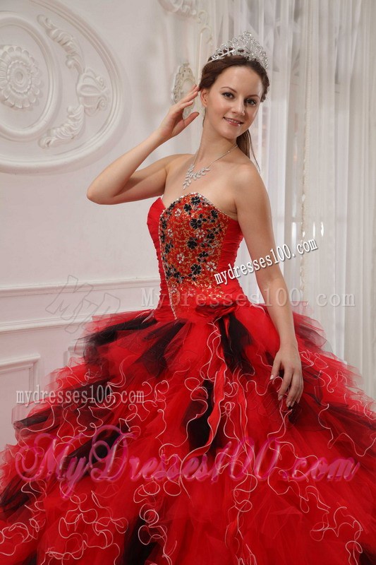 Special Ruffles Beaded Red Quinceanera Gowns with Black Polka Dot